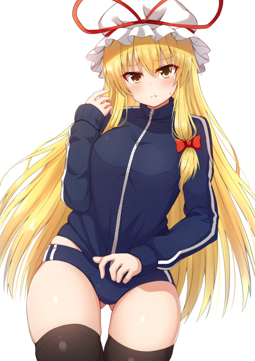 1girl, alternate_costume, ass_visible_through_thighs, bangs, black_legwear, blonde_hair, blue_jacket, blush