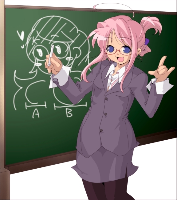 ahoge, blackboard, blue_eyes, chalk, chalkboard, formal, glasses, open_mouth