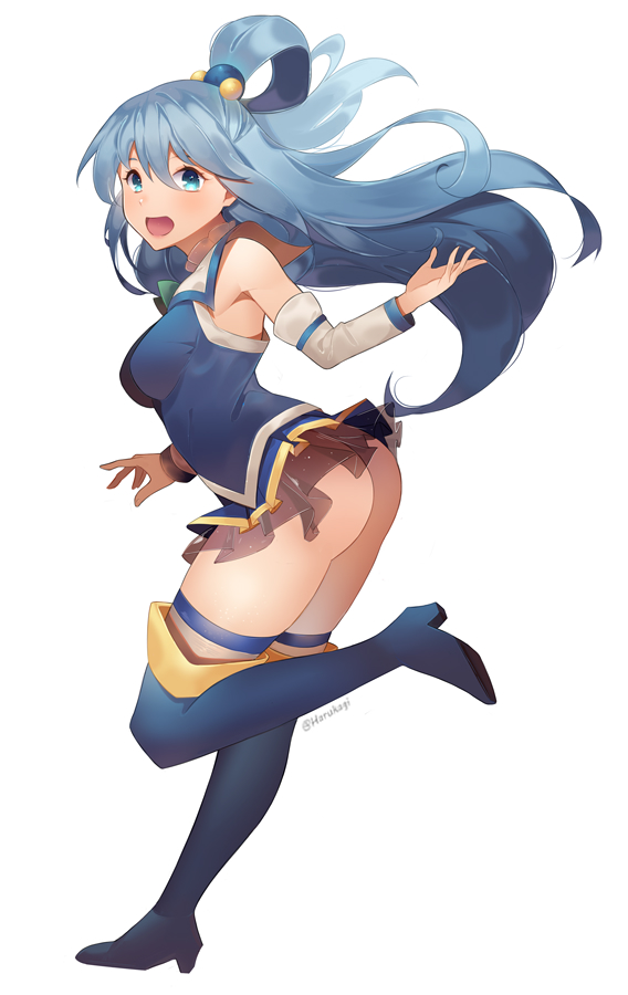 1girl, aqua_(konosuba), ass, bare_shoulders, blue_eyes, blue_hair, blush, boots