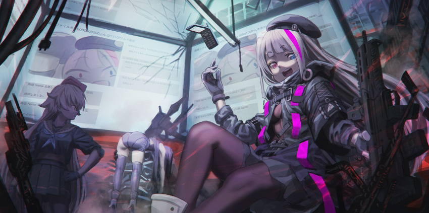 3girls, architect_(girls_frontline), ass, beret, black_footwear, black_gloves, black_headwear, black_jacket