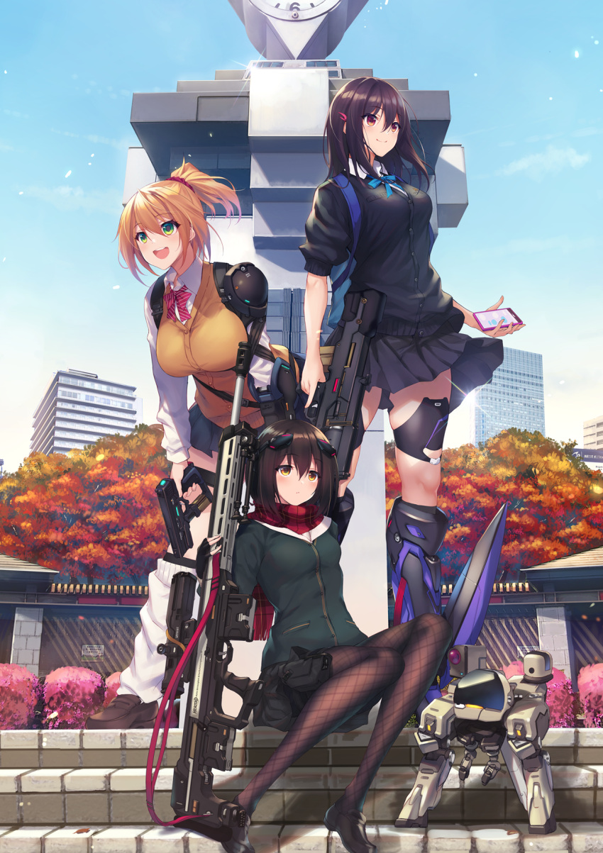 3girls, :d, arms_note, autumn, autumn_leaves, bionic_joshikousei_(fukai_ryousuke), blonde_hair, blue_bow