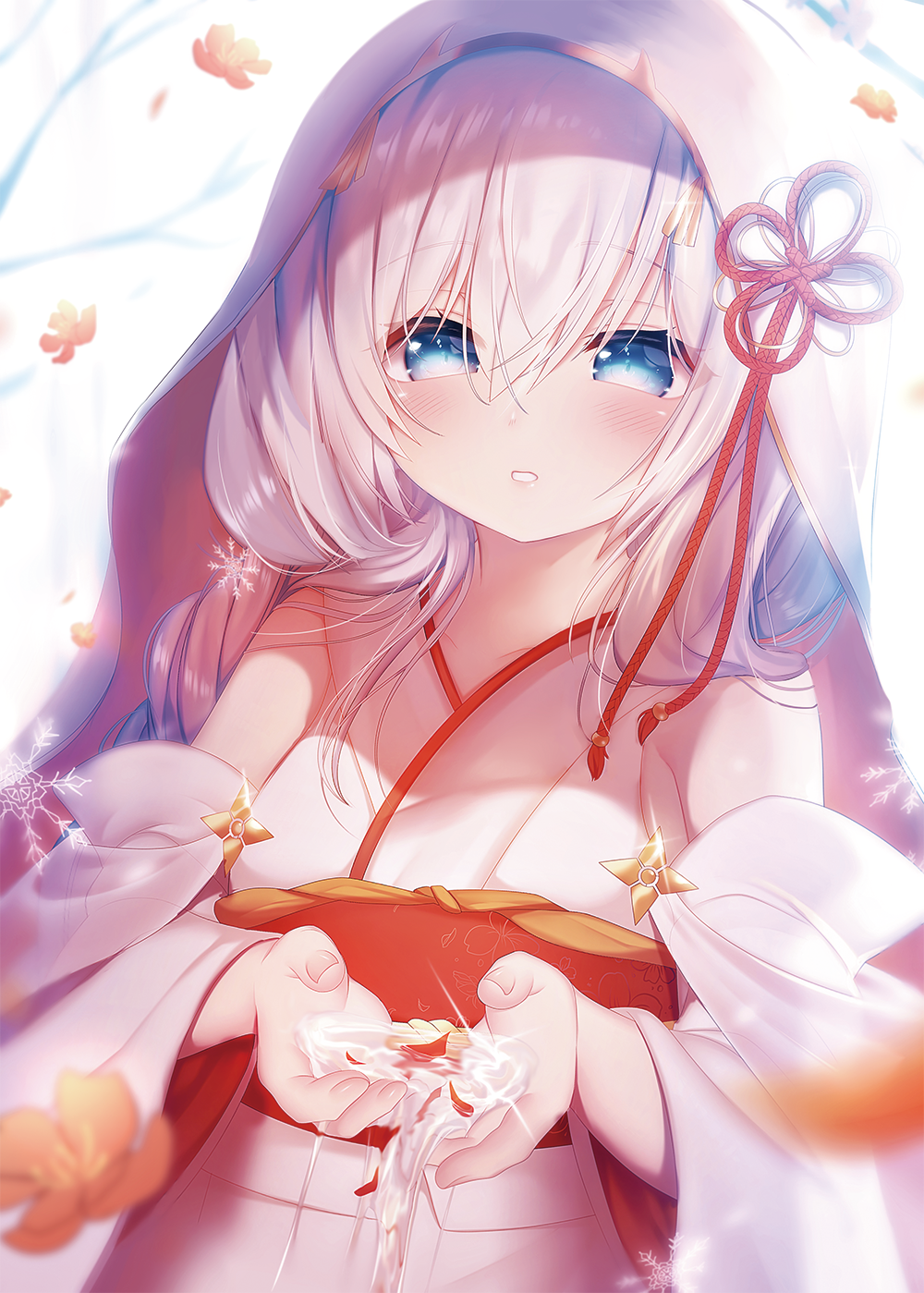1girl, bangs, bare_shoulders, blue_eyes, blurry, blurry_foreground, blush, commentary_request