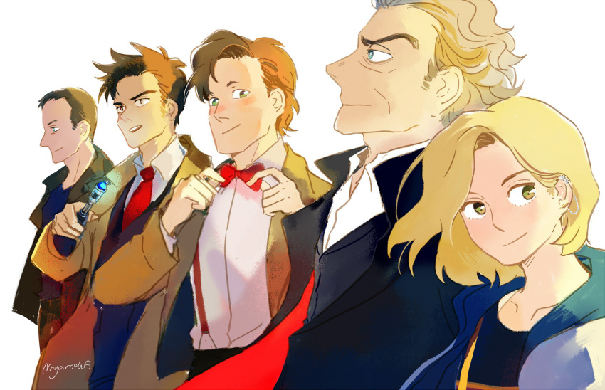 1girl, 4boys, black_hair, blonde_hair, blue_eyes, bow, bowtie, brown_eyes, brown_hair, coat, doctor_who, eleventh_doctor, green_eyes, highres, hood, hoodie, jacket, looking_at_viewer, mogamoka, multiple_boys, necktie, ninth_doctor, shirt, smile, tenth_doctor, the_doctor, thirteenth_doctor, twelfth_doctor, white_hair
