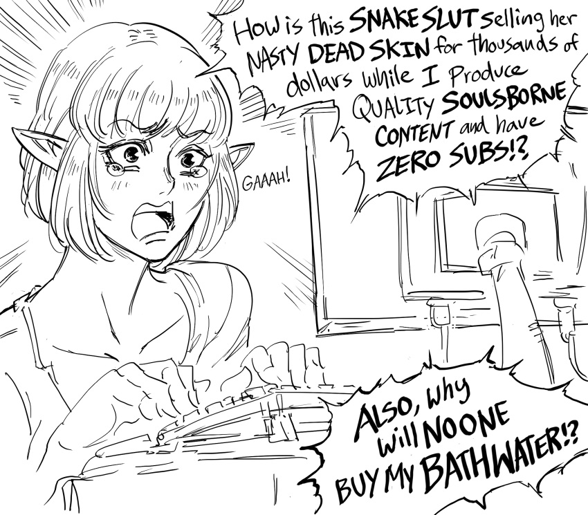1girl, angry, bb_(baalbuddy), belle_delphine, collarbone, computer, elf, highres, keyboard_(computer), monitor, monochrome, original, pointy_ears, sketch, solo, speech_bubble, tears, typing