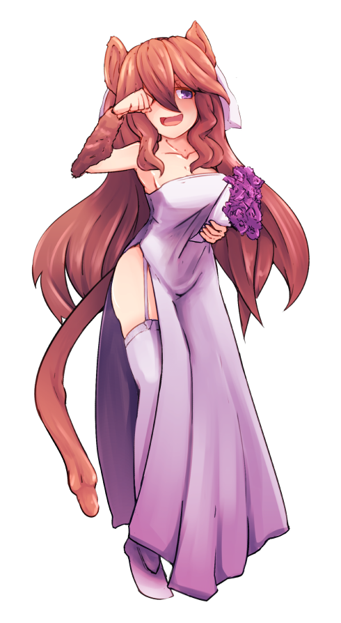 1girl, :d, animal_ears, bangs, borrowed_character, bouquet, breasts, bridal_veil