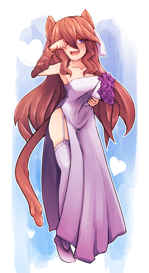 1girl, :d, animal_ears, bangs, borrowed_character, bouquet, breasts, bridal_veil
