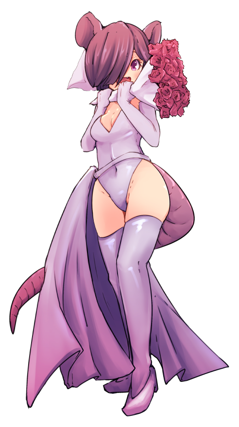 1girl, :d, animal_ears, bangs, borrowed_character, bouquet, breasts, bridal_veil