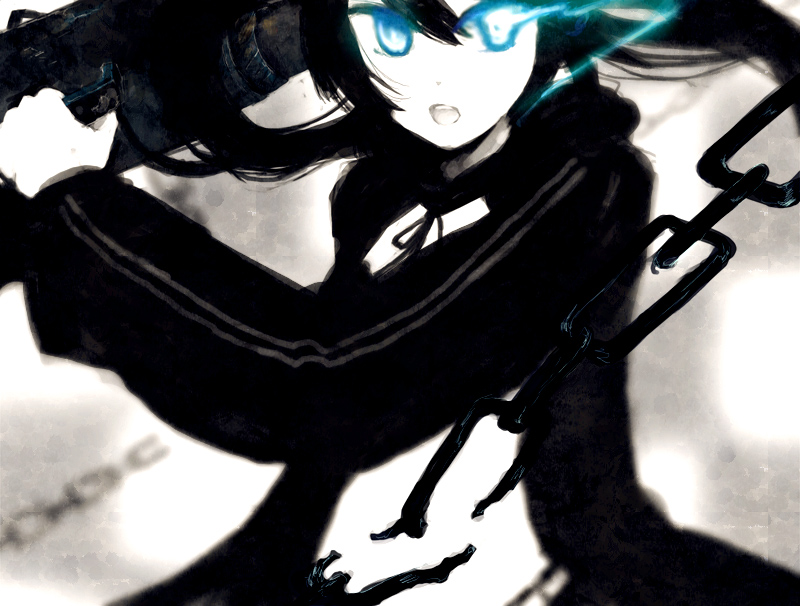 black_rock_shooter, black_rock_shooter_(character), blue_eyes, chain, chains, nise_(navy), solo