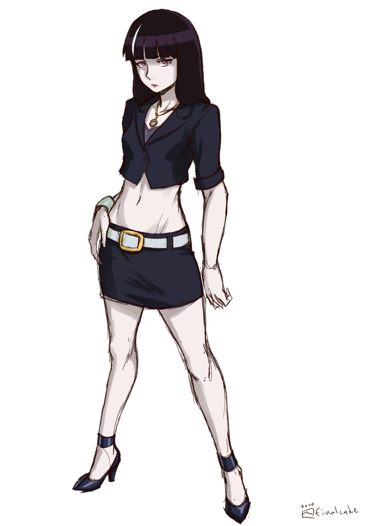 1girl, artist_name, bangs, belt, belt_buckle, black_hair, blunt_bangs, bracelet