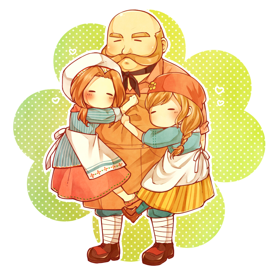 1boy, 2girls, bald, blush, braid, brown_footwear, brown_hair, closed_eyes