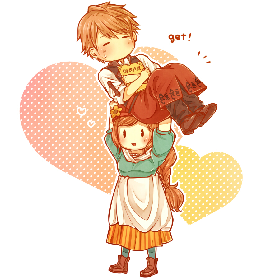 1boy, 1girl, apron, aqua_legwear, blush, braid, brown_footwear, brown_hair