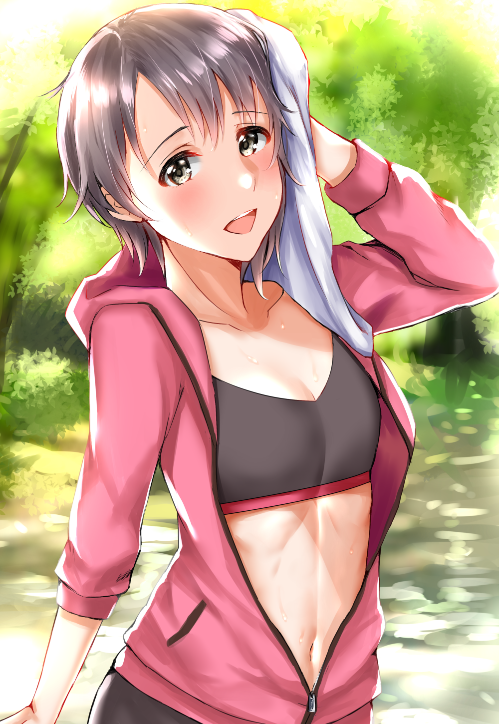 1girl, black_sports_bra, blush, breasts, collarbone, drying, grey_eyes, grey_hair