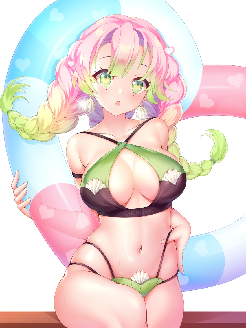 1girl, bikini, blush, braid, breasts, cowboy_shot, earrings, gradient_hair