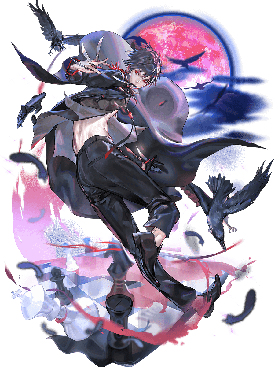 1boy, bird, black_footwear, black_hair, black_pants, blood, chess_piece, chessboard, claude_fermat, clouds, crow, highres, leenim, looking_back, lord_of_dice, male_focus, moon, mouth_hold, official_art, open_clothes, open_shirt, pants, red_eyes, red_moon, shoes, solo, transparent_background