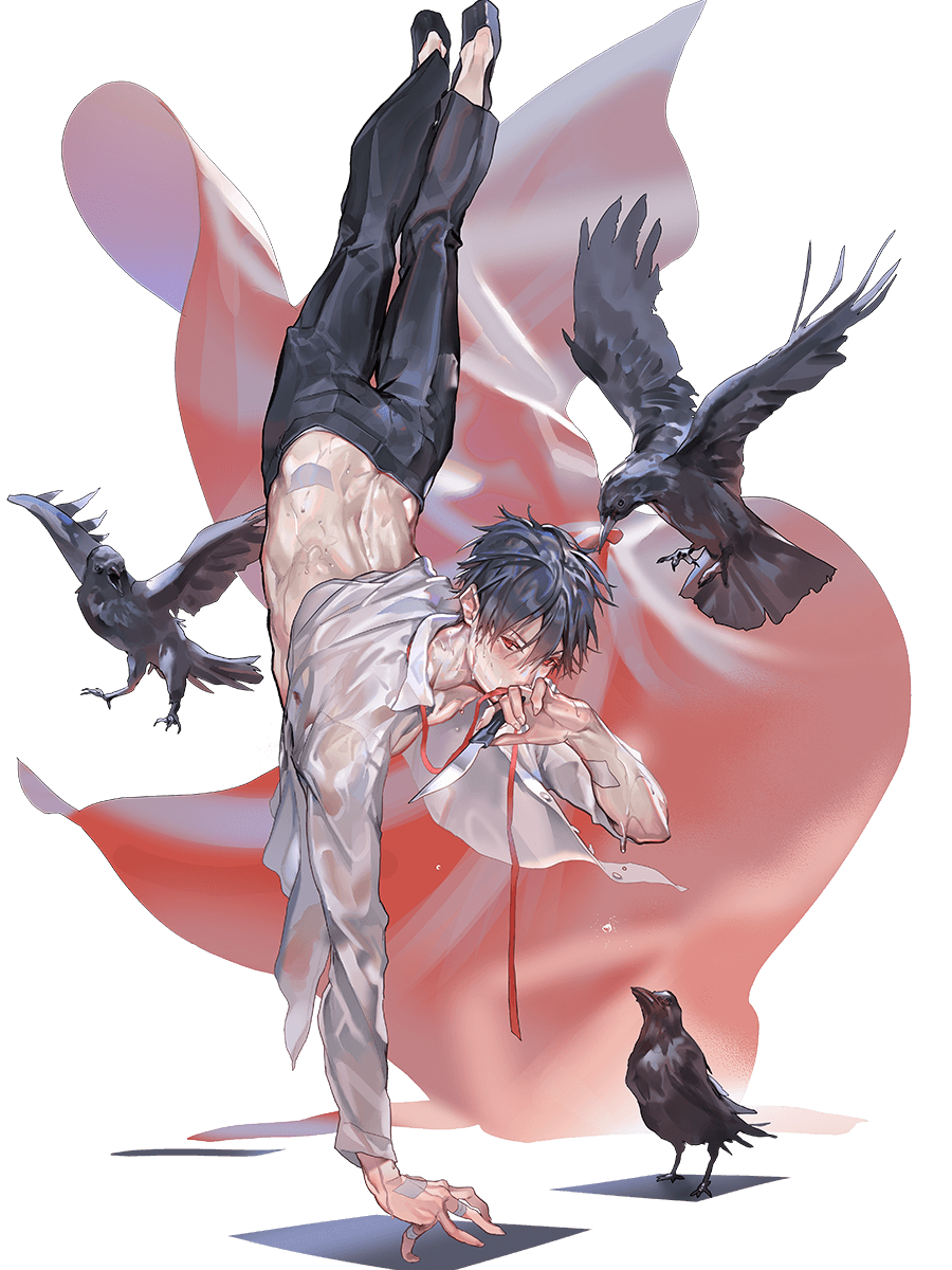 1boy, balancing, bird, black_hair, black_pants, claude_fermat, cloth, crow