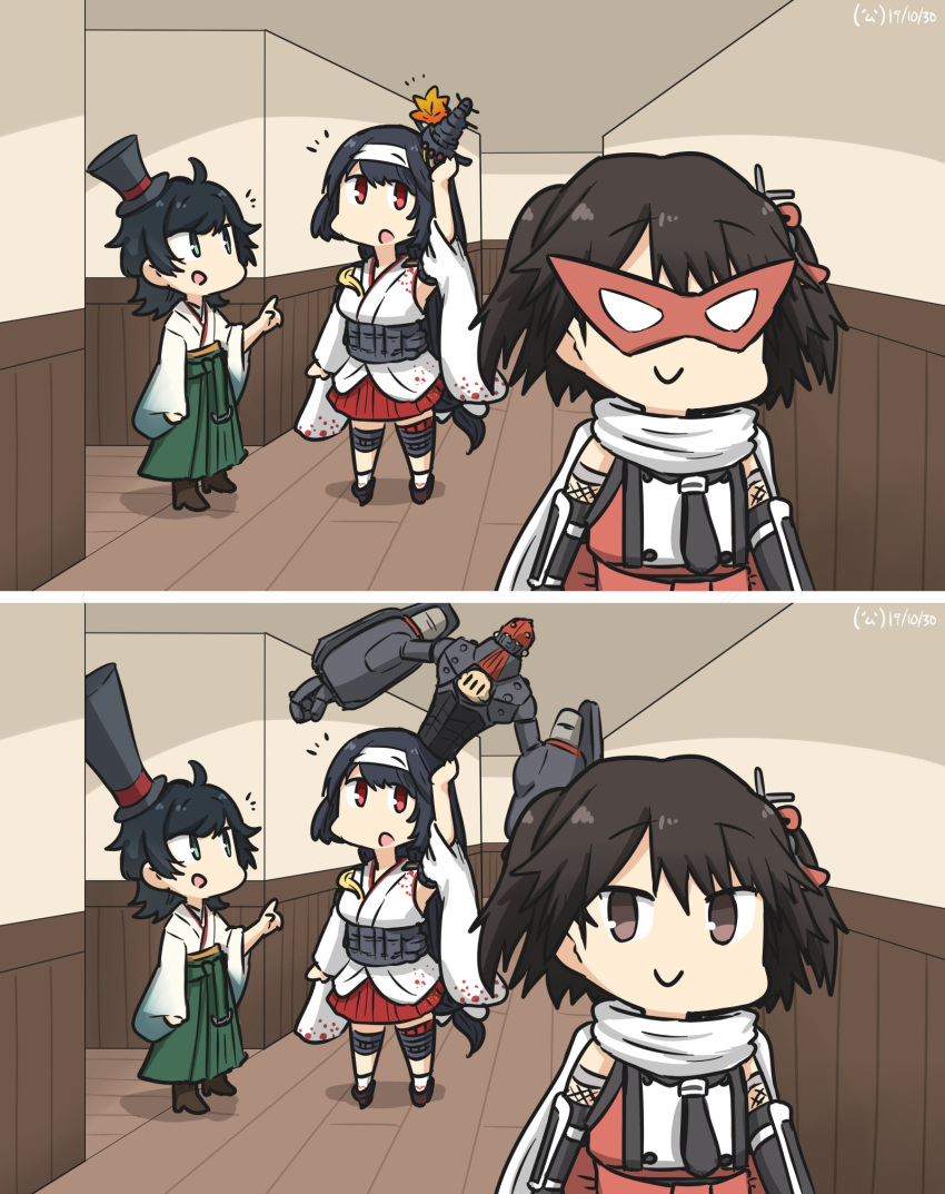 3girls, ahoge, bangs, black_gloves, black_hair, brown_footwear, brown_hair, commentary_request