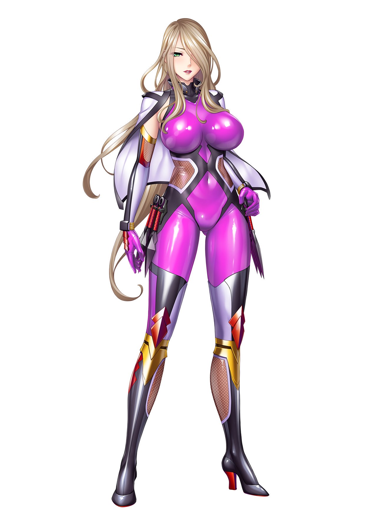 1girl, arm_guards, bangs, blonde_hair, bodysuit, breasts, capelet, commentary_request
