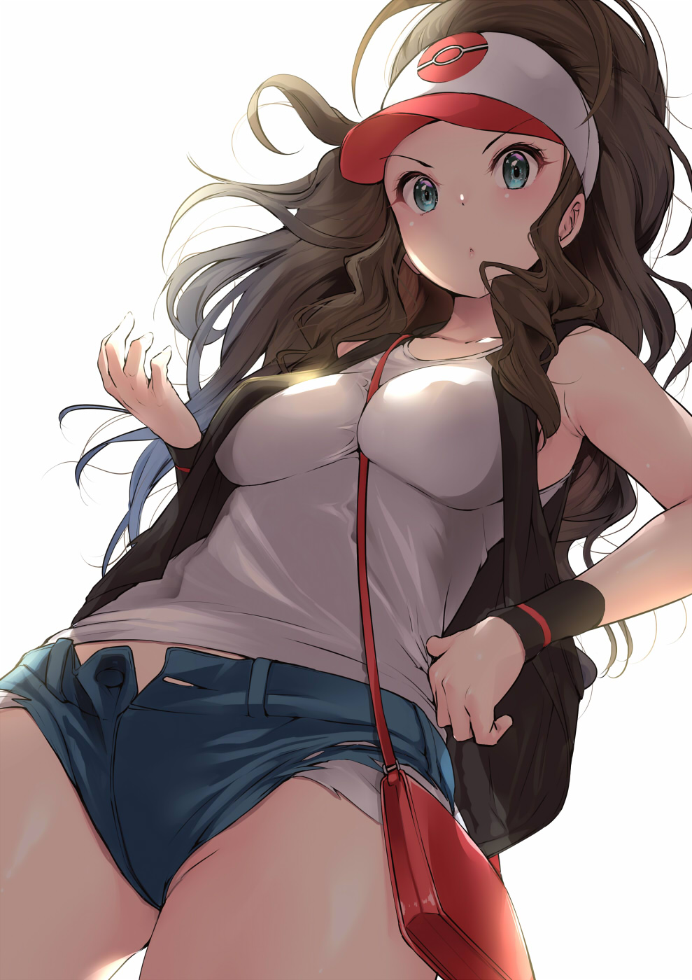 1girl, amasora_taichi, armpits, backlighting, bag, bare_arms, bare_shoulders, baseball_cap