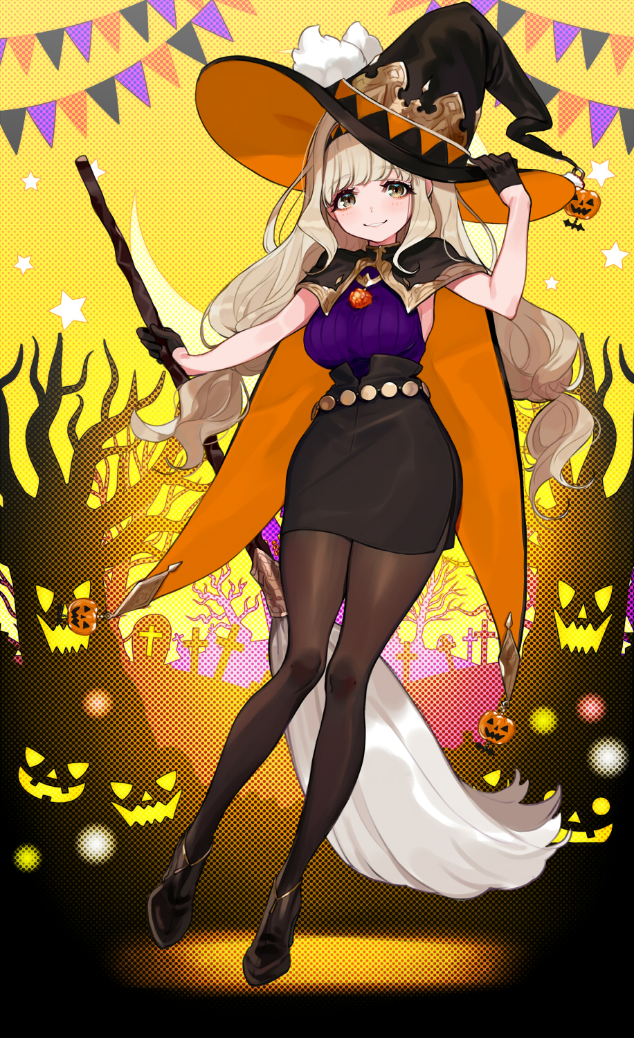 1girl, arm_up, bangs, bare_tree, black_cape, black_footwear, black_gloves, black_headwear