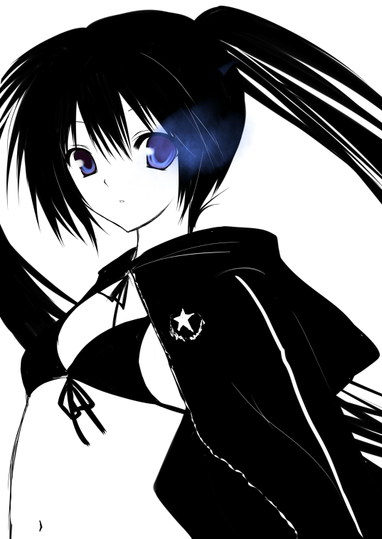 black&acirc;&tilde;&hellip;rock_shooter, black_hair, black_rock_shooter, black_rock_shooter_(character), blue_eyes, bust, glowing_eye, midriff, navel, partially_colored, solo, utakata, utakata_(0824), utakata_(artist)
