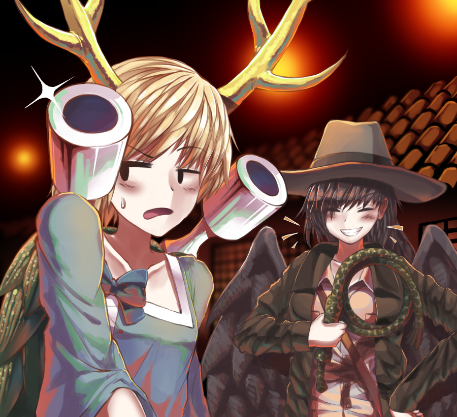 2girls, bird_wings, black_background, blonde_hair, blue_bow, blush, bow, brown_coat