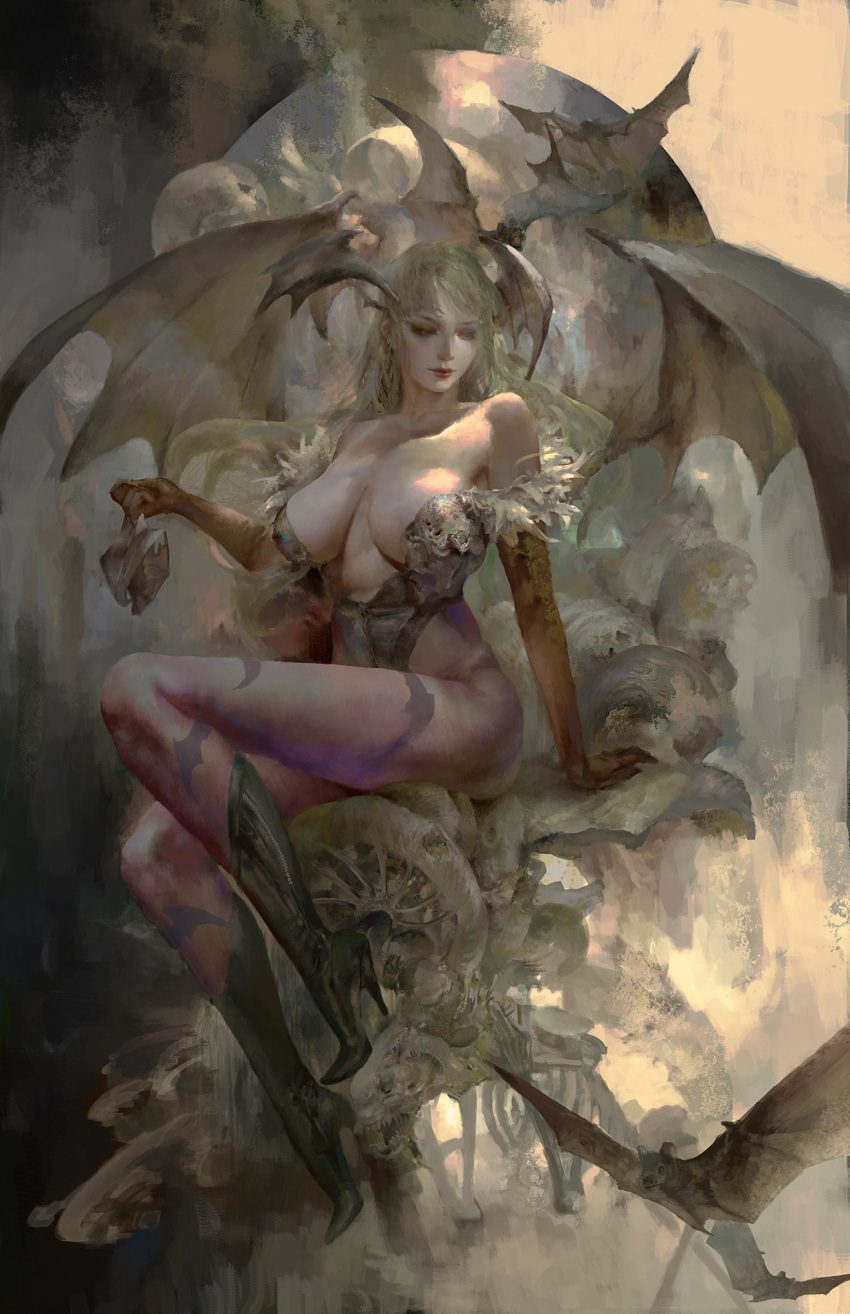 1girl, animal_print, bare_shoulders, bat, bat_print, bat_wings, boots, breasts, breasts_apart, bridal_gauntlets, christian_angel, commentary, demon_girl, english_commentary, full_body, green_hair, head_wings, high_heel_boots, high_heels, highres, large_breasts, leotard, lips, long_hair, looking_away, morrigan_aensland, nose, pantyhose, print_legwear, purple_legwear, sitting, solo, succubus, vampire_(game), wings