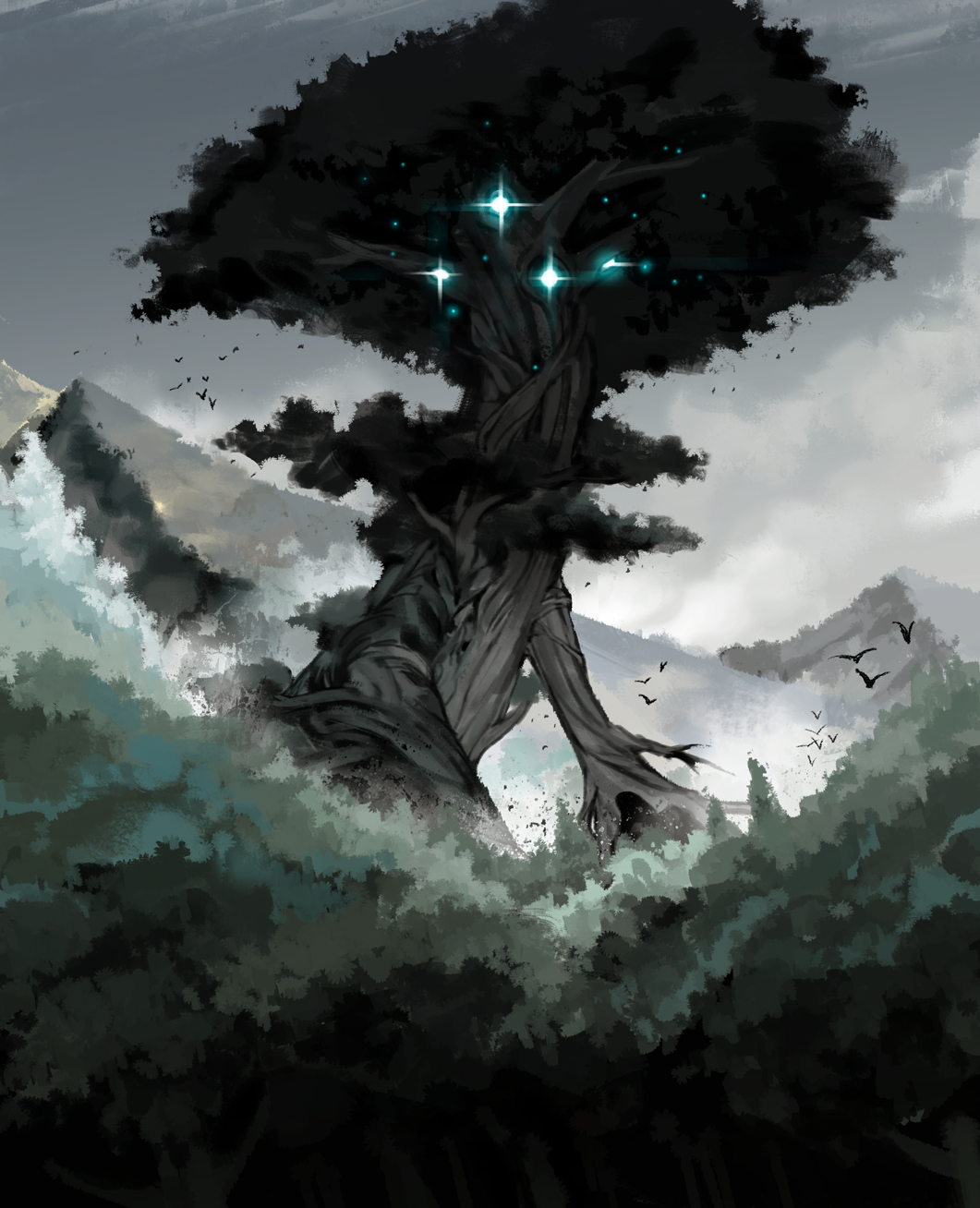 animal, aynoh, bird, flying, forest, giant_tree, glowing, highres