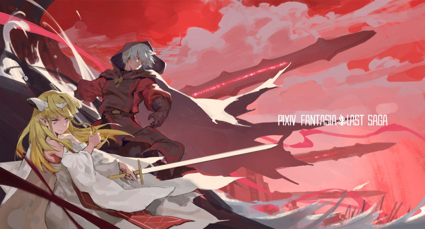1boy, 1girl, bare_shoulders, black_gloves, blonde_hair, braid, cancer_(zjcconan), cape