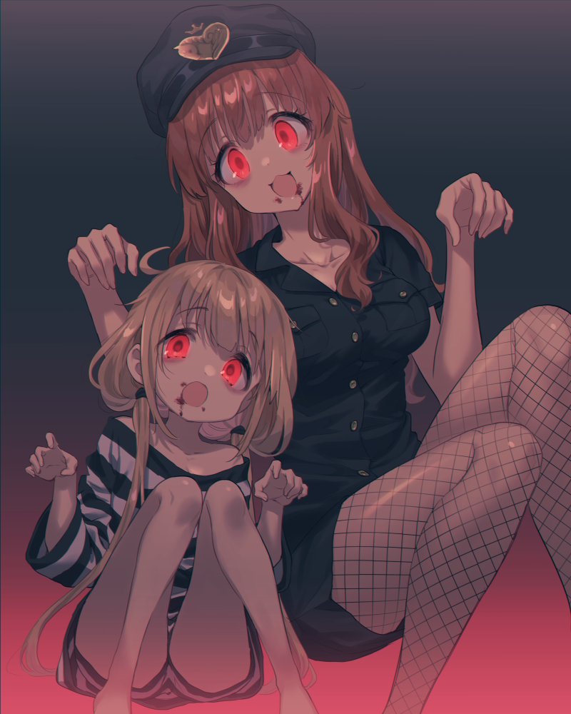2girls, :3, bags_under_eyes, bangs, blonde_hair, blood, blood_on_face, blue21