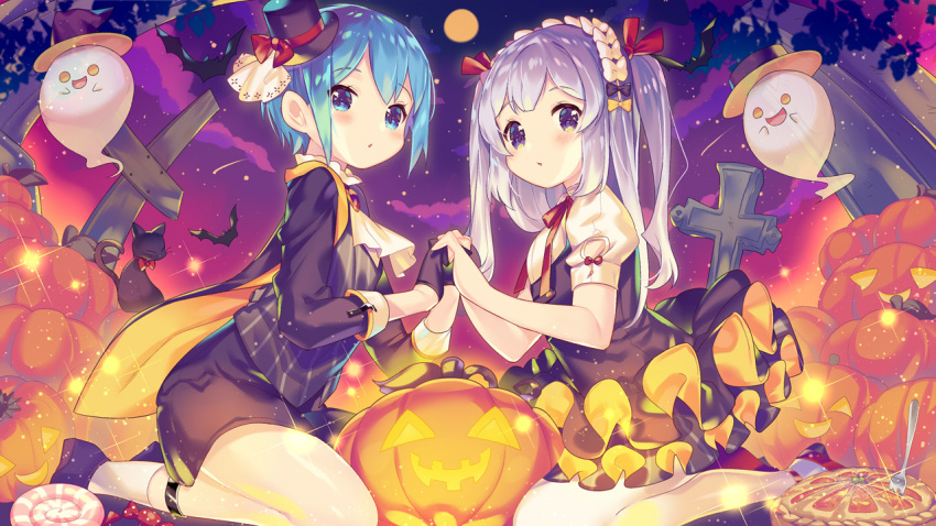 2girls, animal, bangs, bat, black_bow, black_cat, black_dress, black_footwear, black_gloves, black_headwear, black_jacket, black_shirt, black_shorts, blue_eyes, blue_hair, bow, cat, character_request, clouds, commentary_request, cross, dress, eyebrows_visible_through_hair, fingerless_gloves, food, fork, full_moon, ghost, glint, gloves, hair_bow, halloween, hat, holding_hands, ikari_(aor3507), iriam, jack-o'-lantern, jacket, layered_dress, long_hair, long_sleeves, mini_hat, mini_top_hat, moon, multiple_girls, outdoors, parted_lips, pie, pleated_dress, puffy_short_sleeves, puffy_sleeves, shirt, shoes, short_hair, short_shorts, short_sleeves, shorts, silver_hair, sky, socks, sorato_yoru, star_(sky), starry_sky, tilted_headwear, top_hat, twintails, very_long_hair, violet_eyes, virtual_youtuber, white_legwear, white_shirt, yellow_bow