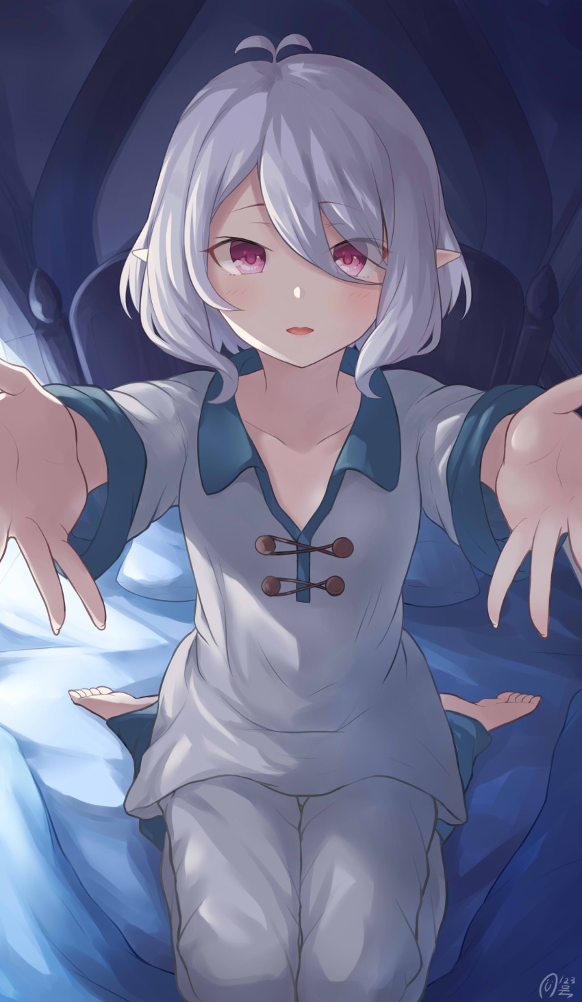 1girl, absurdres, antenna_hair, barefoot, bed, bed_frame, collarbone, commentary_request, hair_between_eyes, hair_ribbon, highres, indoors, kizibato123go, kokkoro_(princess_connect!), long_sleeves, looking_at_viewer, on_bed, outstretched_arms, pajamas, parted_lips, pillow, pink_eyes, pointy_ears, pov, princess_connect!, princess_connect!_re:dive, ribbon, seiza, short_hair, signature, silver_hair, sitting, smile, solo