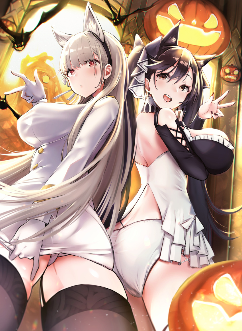 2girls, adjusting_clothes, adjusting_skirt, animal_ears, arm_between_breasts, ass, atago_(azur_lane), atago_(azur_lane)_(cosplay)