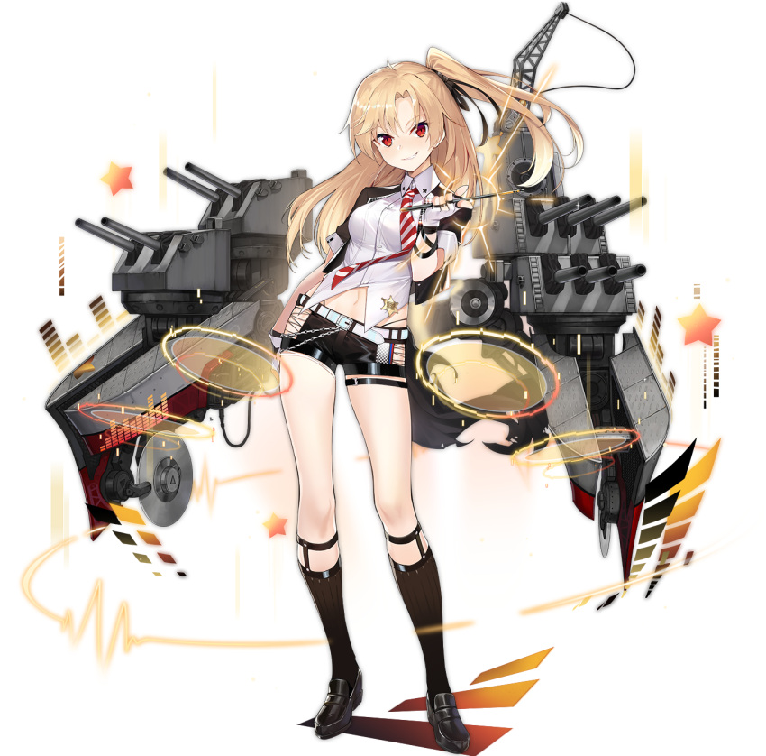 1girl, azur_lane, belt, black_footwear, black_shorts, blonde_hair, breasts, brown_legwear