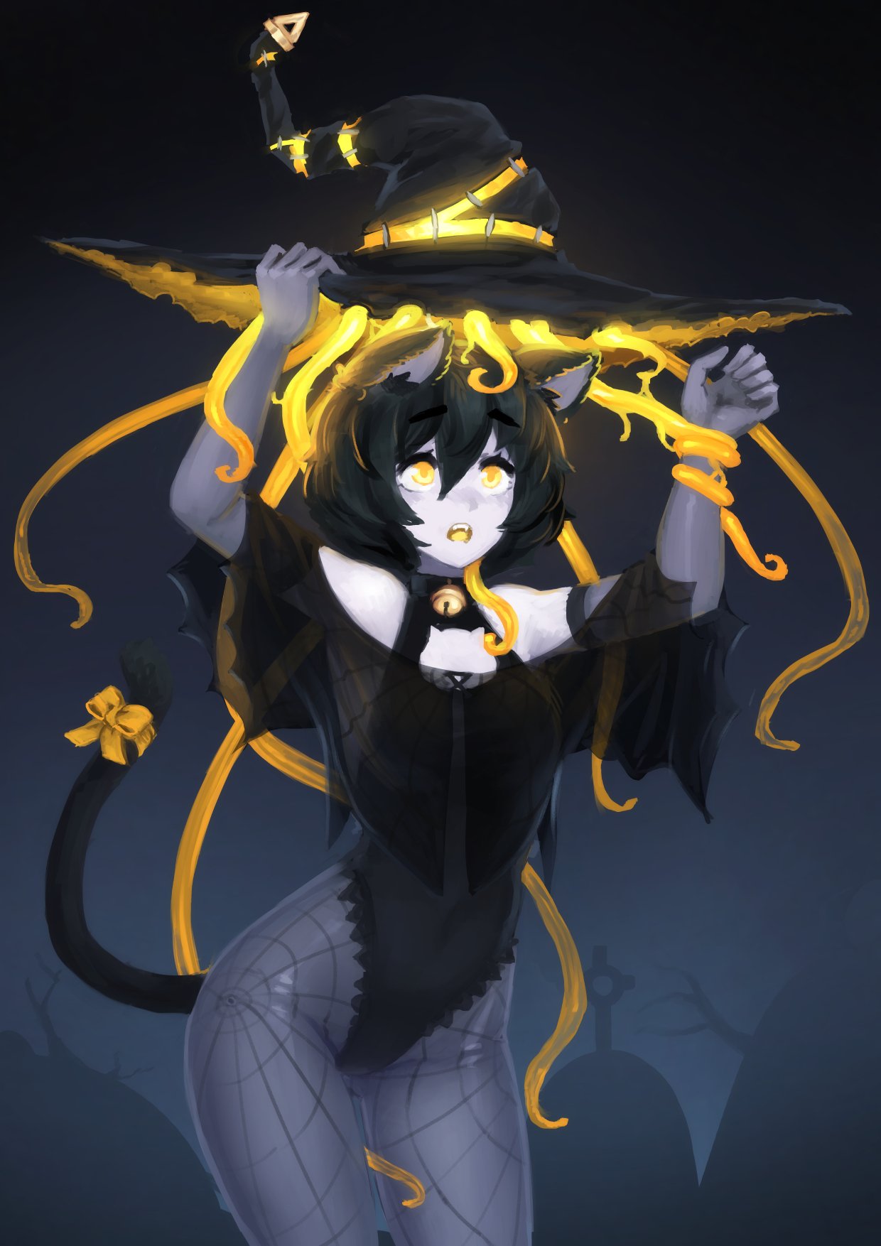 1girl, :o, animal_ear_fluff, animal_ears, bangs, barbariank, bare_shoulders, bell, bell_collar, black_capelet, black_hair, black_leotard, capelet, cat_ears, cat_girl, cat_tail, collar, commentary, cowboy_shot, elbow_gloves, english_commentary, eyebrows_visible_through_hair, fangs, gloves, glowing, glowing_eyes, grey_gloves, grey_legwear, hair_between_eyes, hat, highres, jingle_bell, leotard, looking_away, looking_up, original, pale_skin, pantyhose, print_capelet, print_legwear, ribbon, see-through, short_hair, solo, spider_web_print, tail, tail_ribbon, teeth, tentacles, witch_hat, yellow_eyes, yellow_ribbon