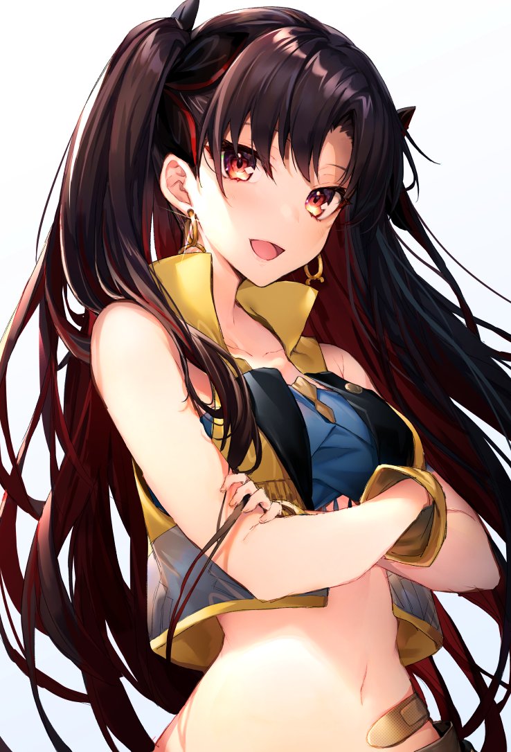 1girl, brown_hair, cropped_vest, crossed_arms, earrings, fate/grand_order, fate_(series), hakuishi_aoi