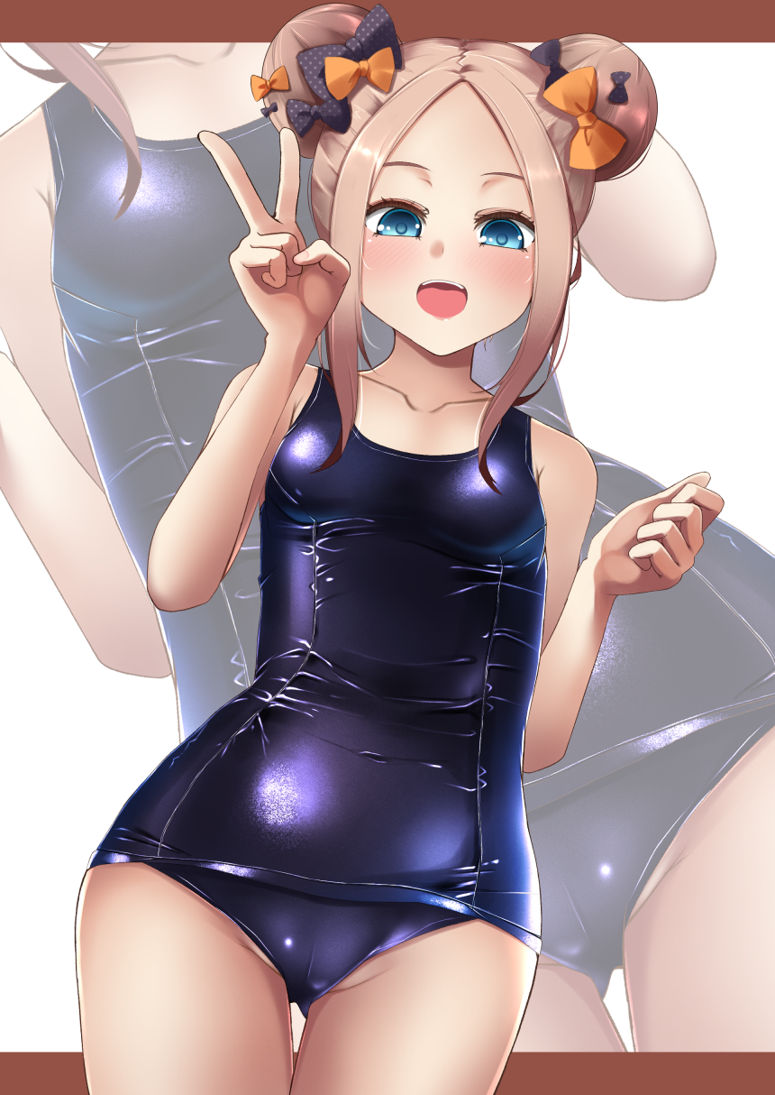 1girl, abigail_williams_(fate/grand_order), bangs, black_bow, blonde_hair, blue_eyes, blue_swimsuit, blush