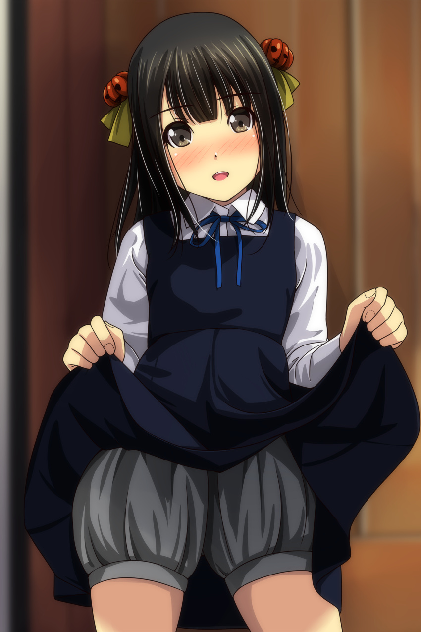1girl, :d, absurdres, bangs, black_dress, black_hair, bloomers, blue_ribbon
