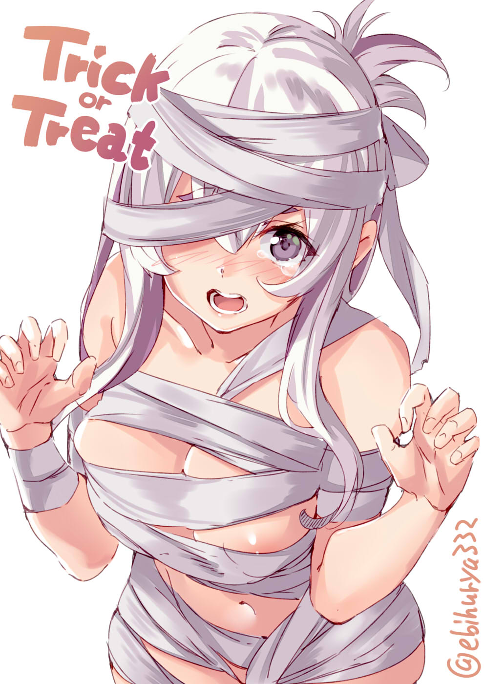 1girl, bdsm, blue_eyes, blush, bondage, bound, breasts, ebifurya