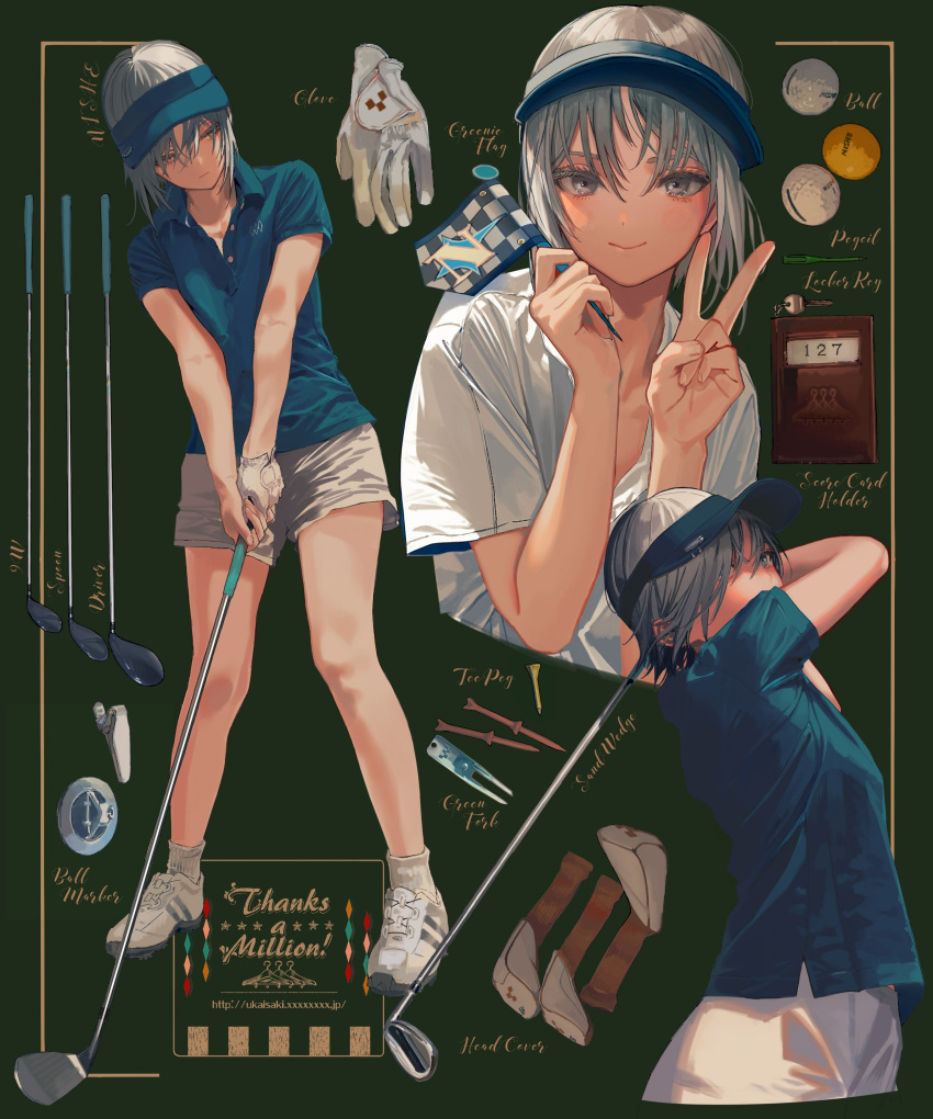 1other, absurdres, ambiguous_gender, artist_name, ball, blue_shirt, blush, closed_mouth, collared_shirt, eyebrows, flag, gloves, golf_bag, golf_ball, golf_club, grey_hair, highres, holding, holding_flag, key, looking_at_viewer, looking_away, original, polo_shirt, shirt, shoes, short_sleeves, shorts, smile, sneakers, socks, ukai_saki, v, visor_cap, watermark, web_address, white_footwear, white_gloves, white_legwear, white_shorts