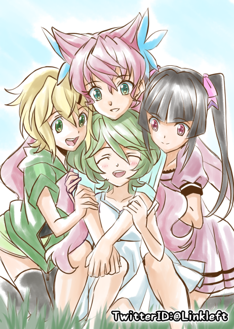 akatsuki_kirika, black_hair, blonde_hair, commentary_request, dress, elfnein, green_eyes, link_(aa30)