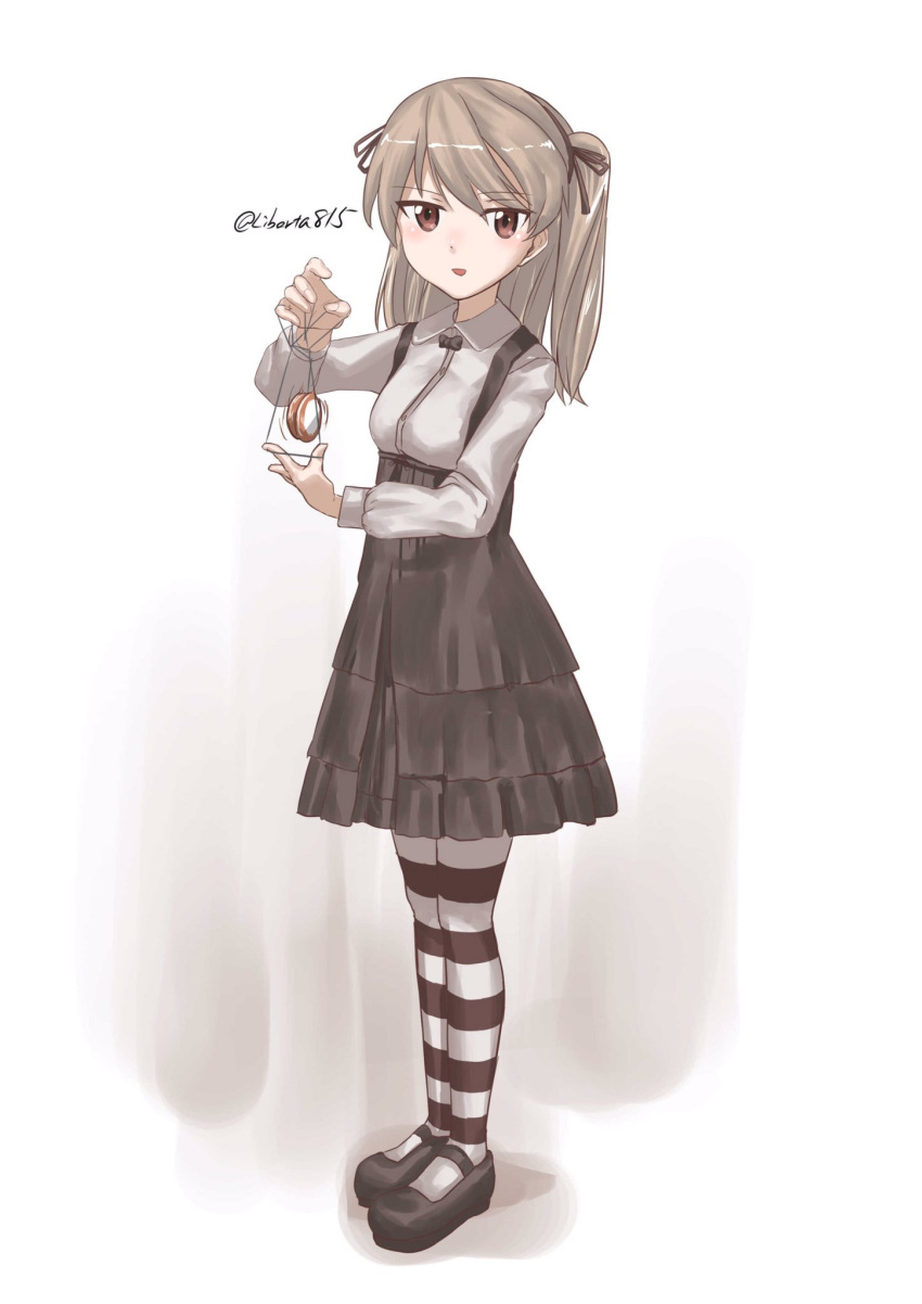 1girl, bangs, black_footwear, black_legwear, black_neckwear, black_ribbon, black_skirt, bow