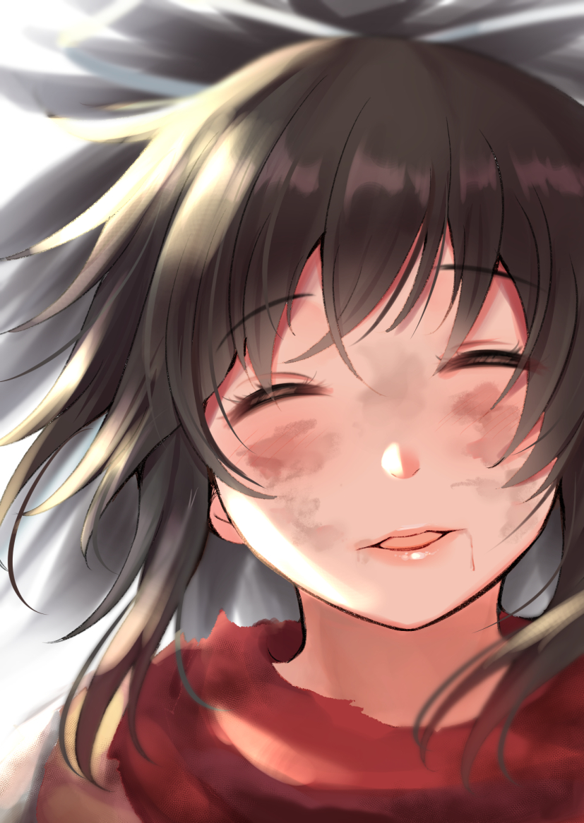 1girl, asuka_(senran_kagura), bangs, brown_hair, dirty, dirty_face, hair_between_eyes, long_hair