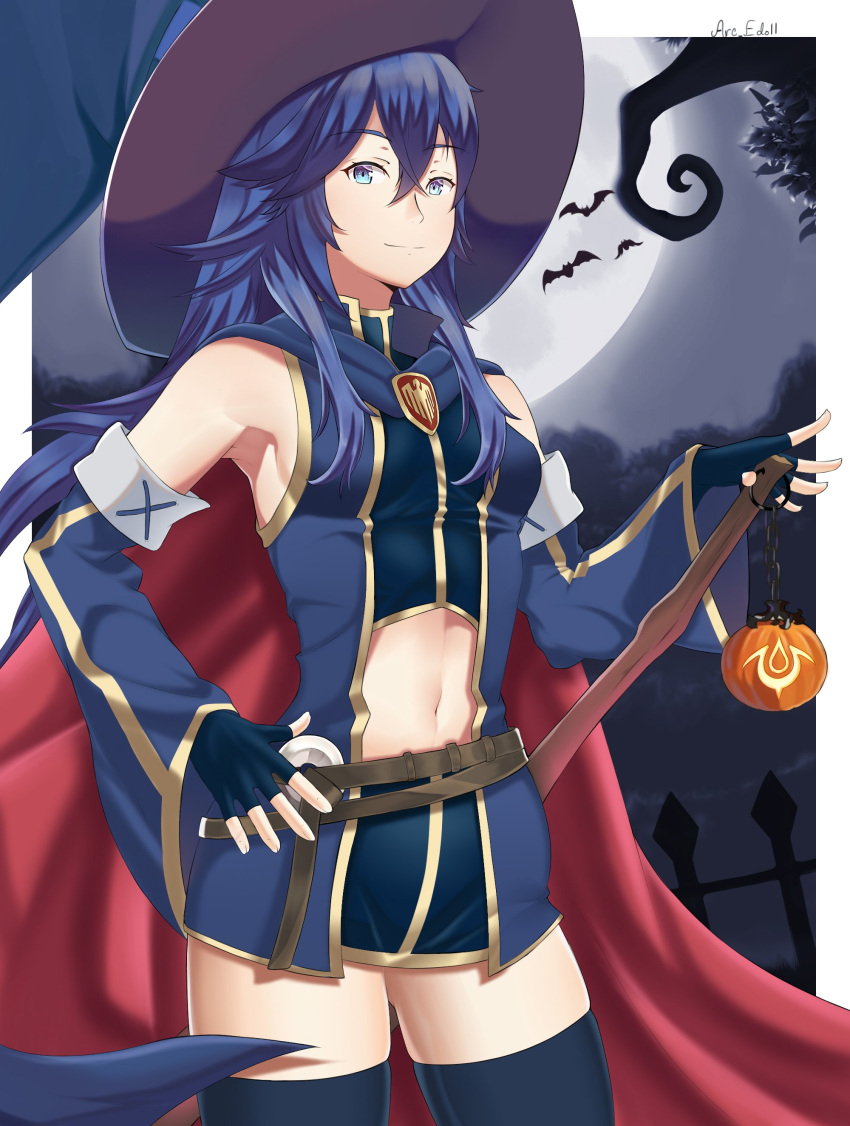 1girl, absurdres, arcedo, bat, belt, blue_eyes, blue_hair, cape, closed_mouth, cosplay, detached_sleeves, fingerless_gloves, fire_emblem, fire_emblem_awakening, fire_emblem_heroes, gloves, halloween_costume, hat, highres, long_hair, long_sleeves, lucina, lucina_(fire_emblem), midriff, moon, navel, nowi_(fire_emblem), nowi_(fire_emblem)_(cosplay), red_cape, solo, thigh-highs, witch_hat