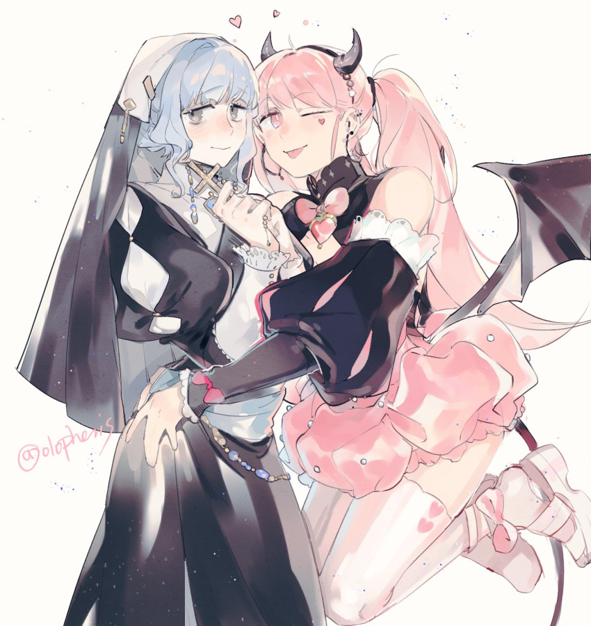 2girls, blue_hair, brown_eyes, closed_mouth, cross, demon_horns, demon_tail, demon_wings, fake_horns, fire_emblem, fire_emblem:_three_houses, habit, halloween_costume, highres, hilda_valentine_goneril, holding, horns, long_hair, long_sleeves, marianne_von_edmund, multiple_girls, nun, olopheris, one_eye_closed, pink_eyes, pink_hair, puffy_sleeves, simple_background, tail, thigh-highs, tongue, tongue_out, twintails, twitter_username, white_background, wings