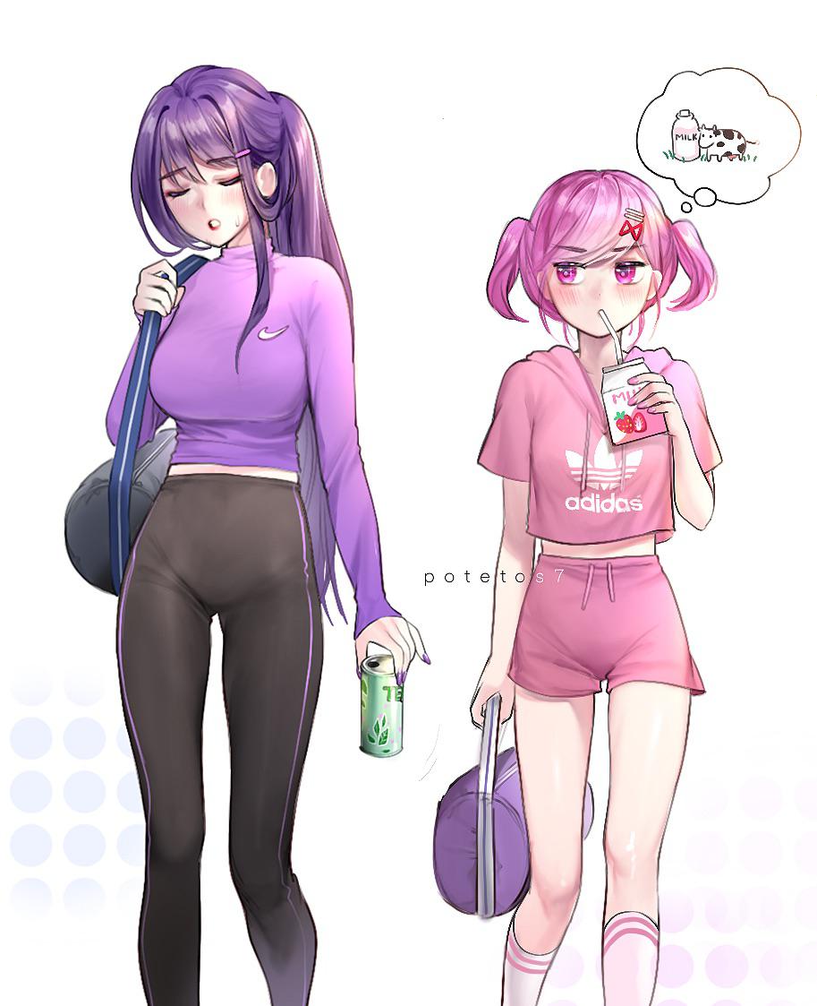 2girls, adidas, bag, blush, breast_envy, breasts, can, closed_eyes, commentary, doki_doki_literature_club, drinking, drinking_straw, duffel_bag, english_commentary, eyebrows_visible_through_hair, flat_chest, full_body, hair_intakes, hair_ornament, hairclip, height_difference, hood, hood_down, large_breasts, long_hair, looking_to_the_side, milk_carton, multiple_girls, nail_polish, natsuki_(doki_doki_literature_club), nike, pants, pink_eyes, pink_hair, ponytail, potetos7, purple_hair, purple_nails, shirt, short_hair, shorts, socks, soda_can, strawberry_milk, sweat, t-shirt, thought_bubble, two_side_up, walking, x_hair_ornament, yoga_pants, yuri_(doki_doki_literature_club)