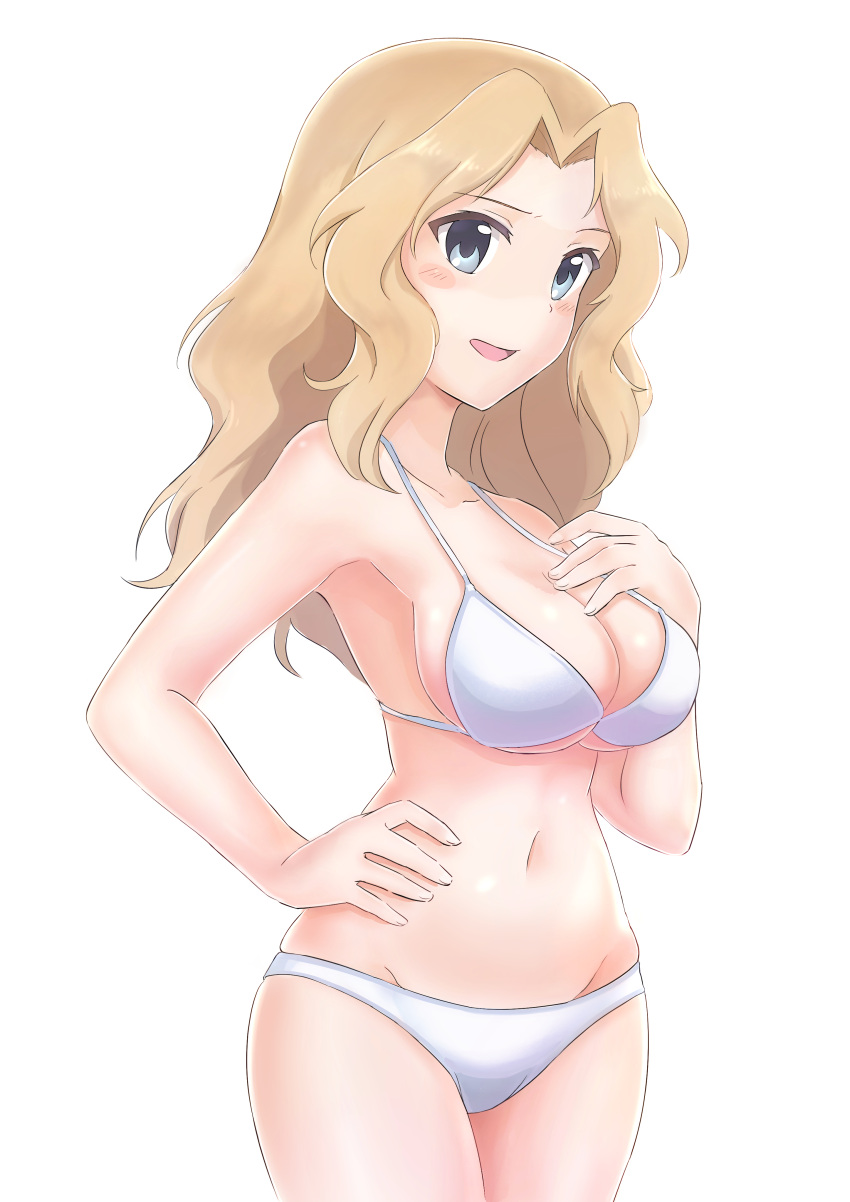 1girl, absurdres, bikini, blonde_hair, blue_eyes, breasts, commentary, cowboy_shot, ennui_orz, girls_und_panzer, groin, hair_intakes, hand_on_hip, hand_on_own_chest, highres, kay_(girls_und_panzer), light_blush, long_hair, looking_at_viewer, medium_breasts, navel, open_mouth, simple_background, smile, solo, swimsuit, white_background, white_bikini