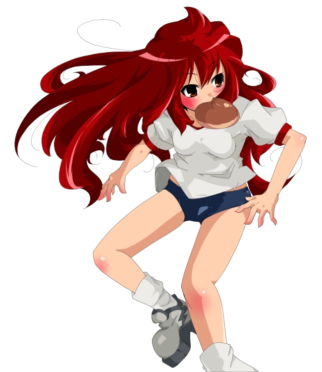 buruma, eating, gym_uniform, long_hair, original, red_eyes, red_hair, redhead