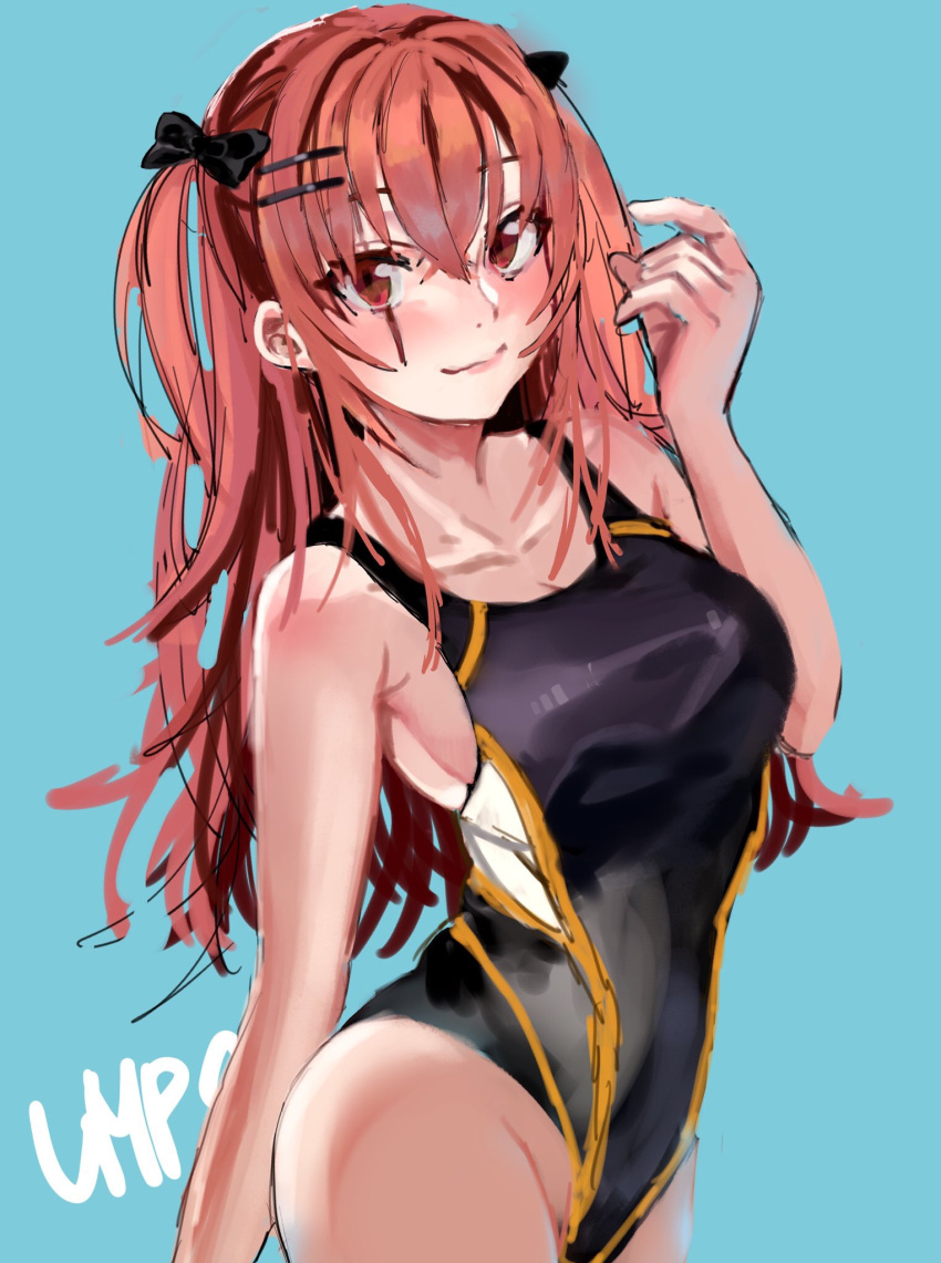 1girl, blue_background, bow, breasts, brown_eyes, brown_hair, competition_swimsuit, girls_frontline