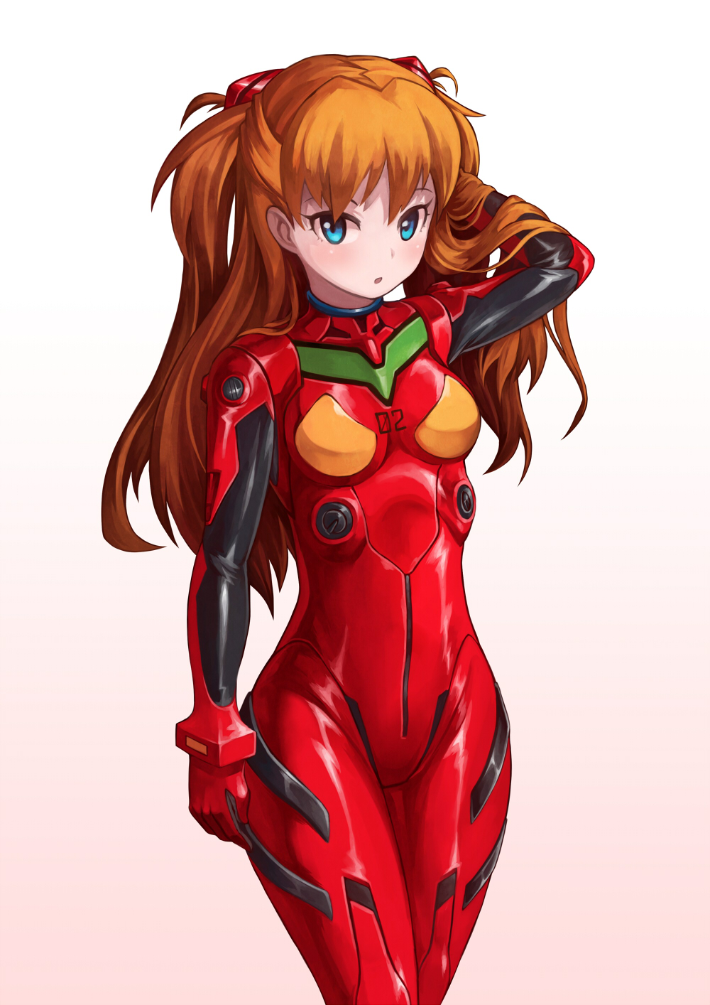 1girl, blue_eyes, blush, bodysuit, bolt0002, brown_hair, cowboy_shot, hand_in_hair