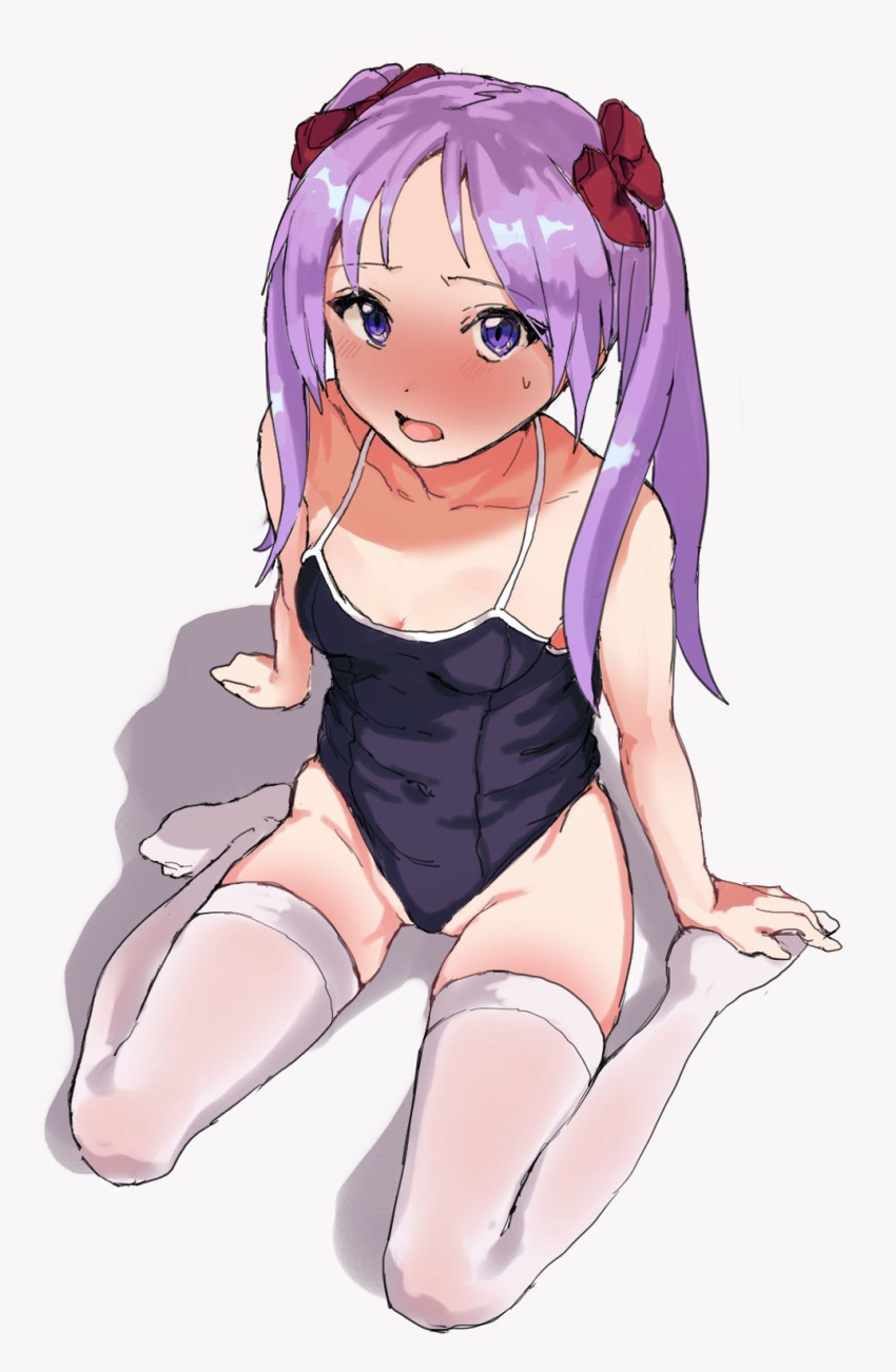 1girl, blue_swimsuit, blush, bow, breasts, covered_navel, hair_bow, highres, hiiragi_kagami, inchore, long_hair, lucky_star, navel, one-piece_swimsuit, one_eye_closed, open_mouth, purple_hair, red_bow, school_swimsuit, sketch, small_breasts, solo, swimsuit, thigh-highs, twintails, violet_eyes, water, white_legwear